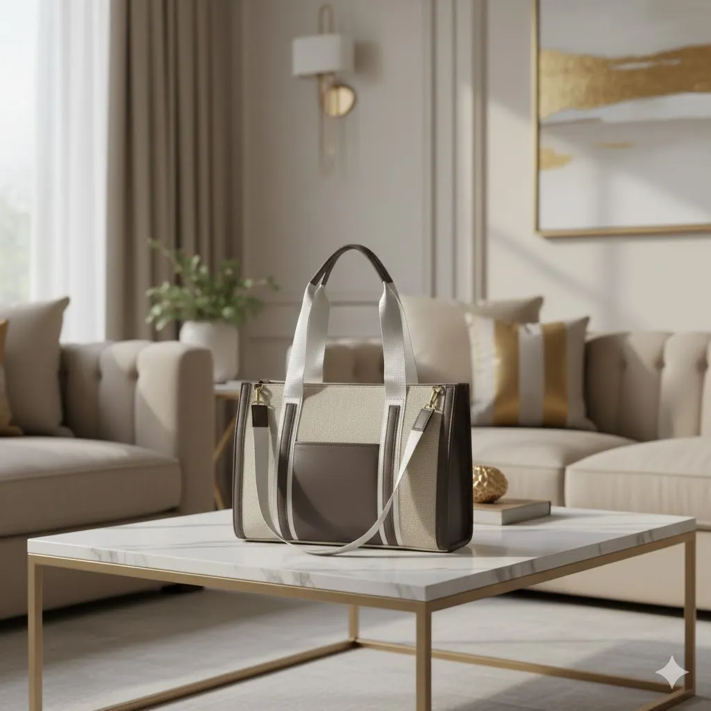 Women's Canvas and Leather Tote Hand Bag