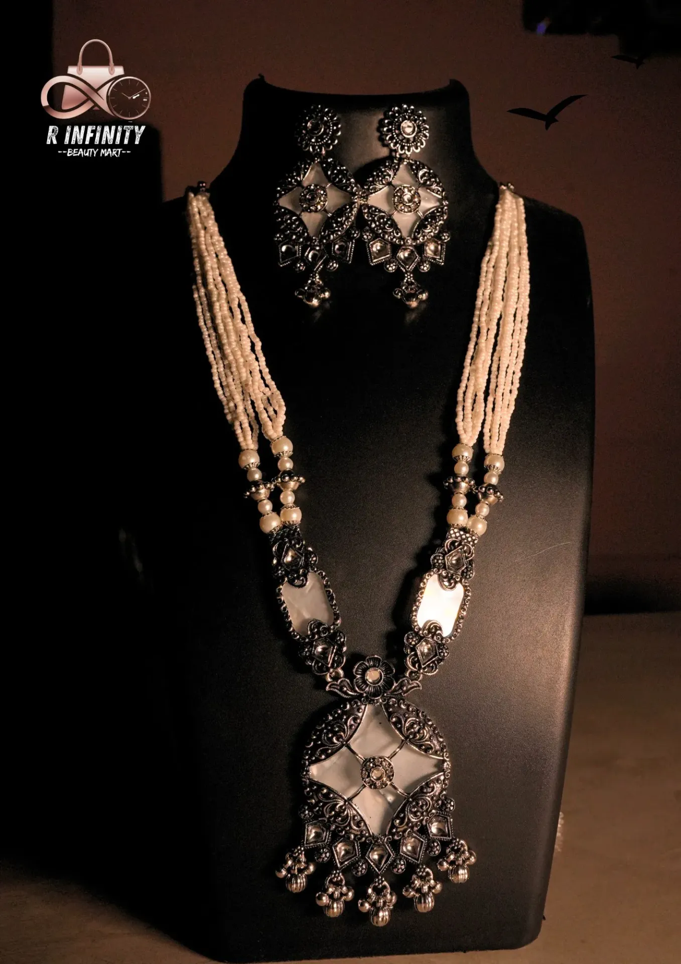  Silver Long Necklace Set with White Beads & Earrings