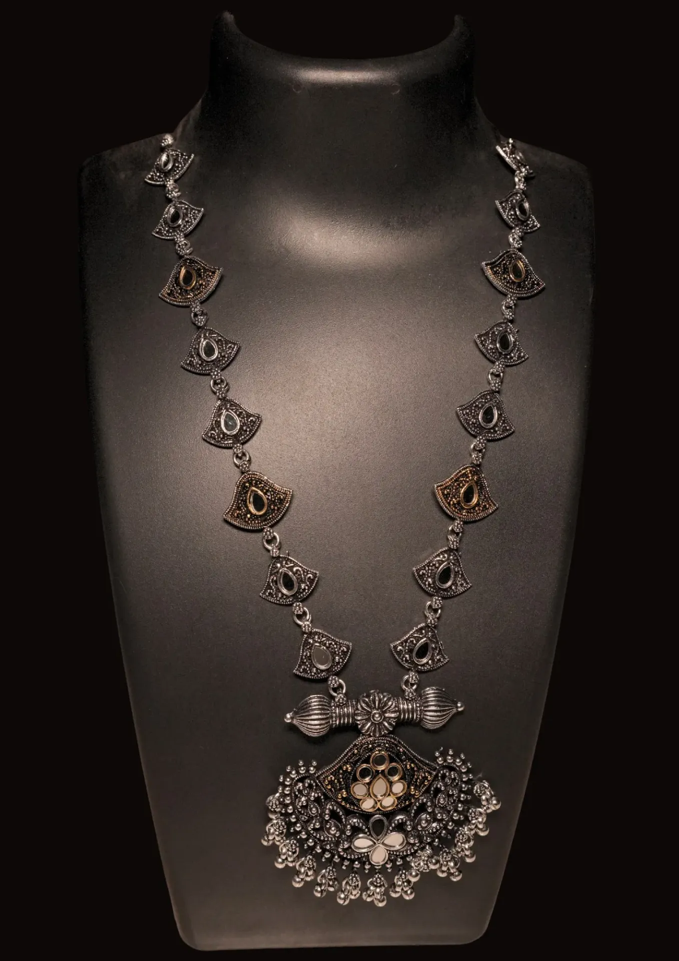 Trendy oxidised silver long necklace set