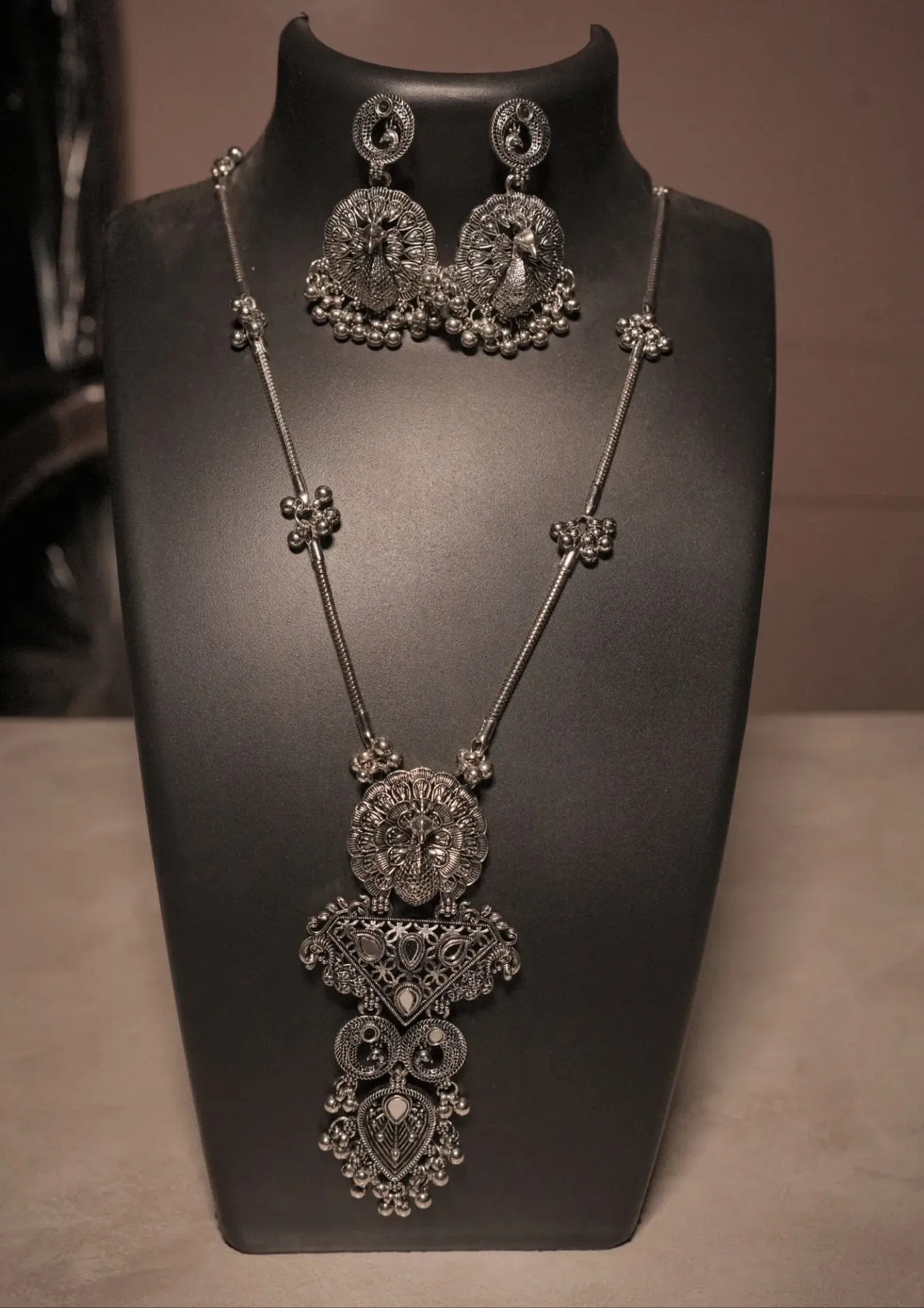  Oxidised Silver Peacock Long Necklace 