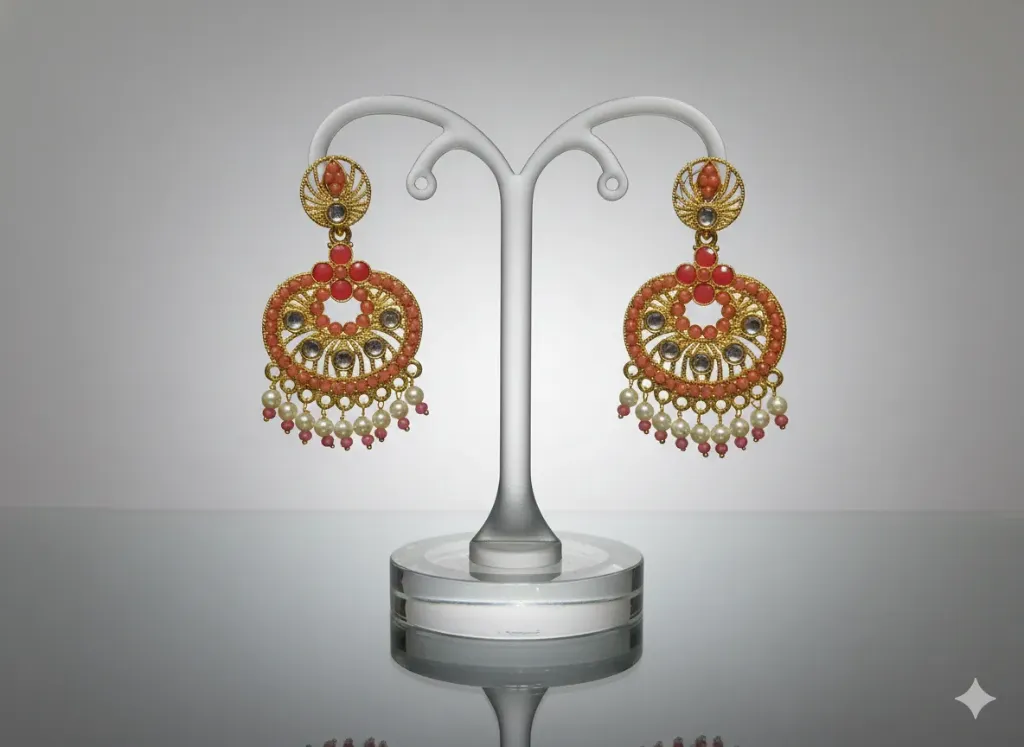 [e5] Gold Plated Red Chandbali Earrings 