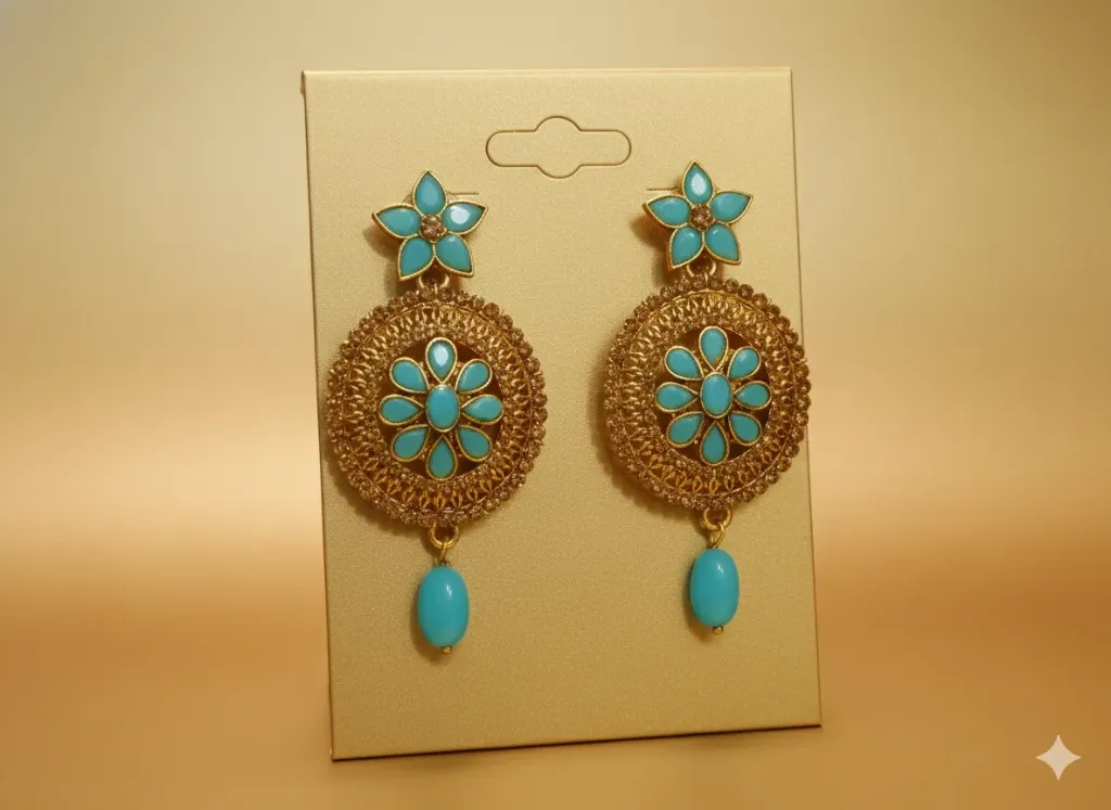 [e6]  Gold Plated Turquoise Chandbali Earrings 