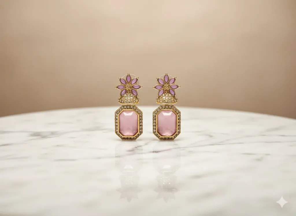 [e9]  Gold Plated Purple Stone Party Wear Earrings (light Pink)