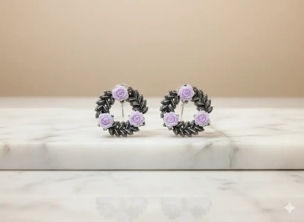 Oxidised Silver Lavender Flower Wreath Stud Earrings