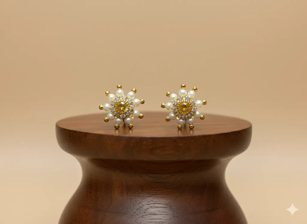 [e16] Gold Plated Floral Pearl Stud Earrings (gold)