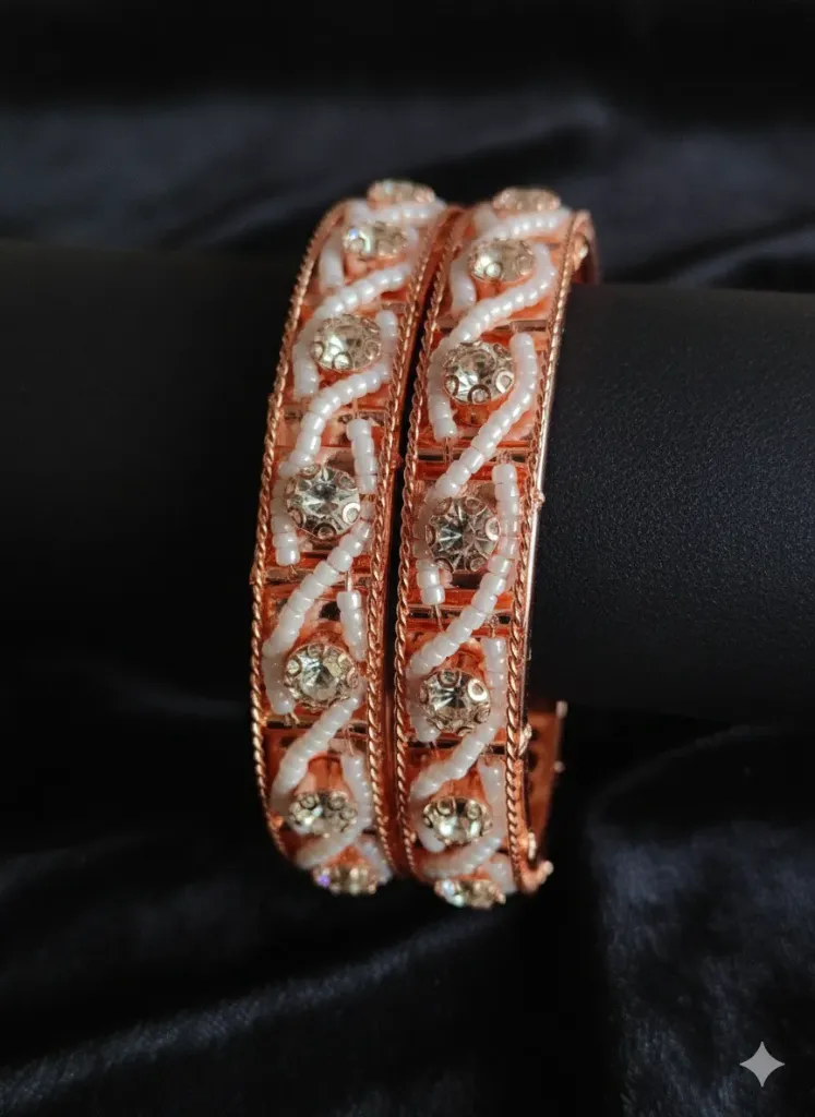 [B5]  Rose Gold Plated White Beaded Stone Work Bangles