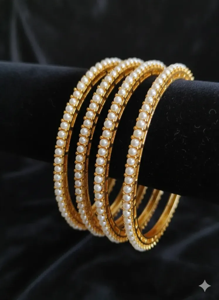 [B18]  Gold Plated Pearl Studded Bangles for Women & Girls, Wedding & Festive Wear (Set of 4) (2/8)