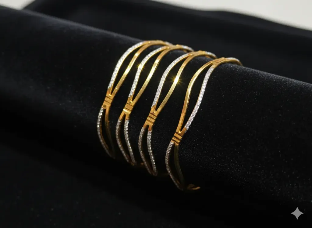 [B19] Gold Plated Wave Design CZ Bangles for Women & Girls, Elegant Party & Festive Wear (Set of 4). (2/8)