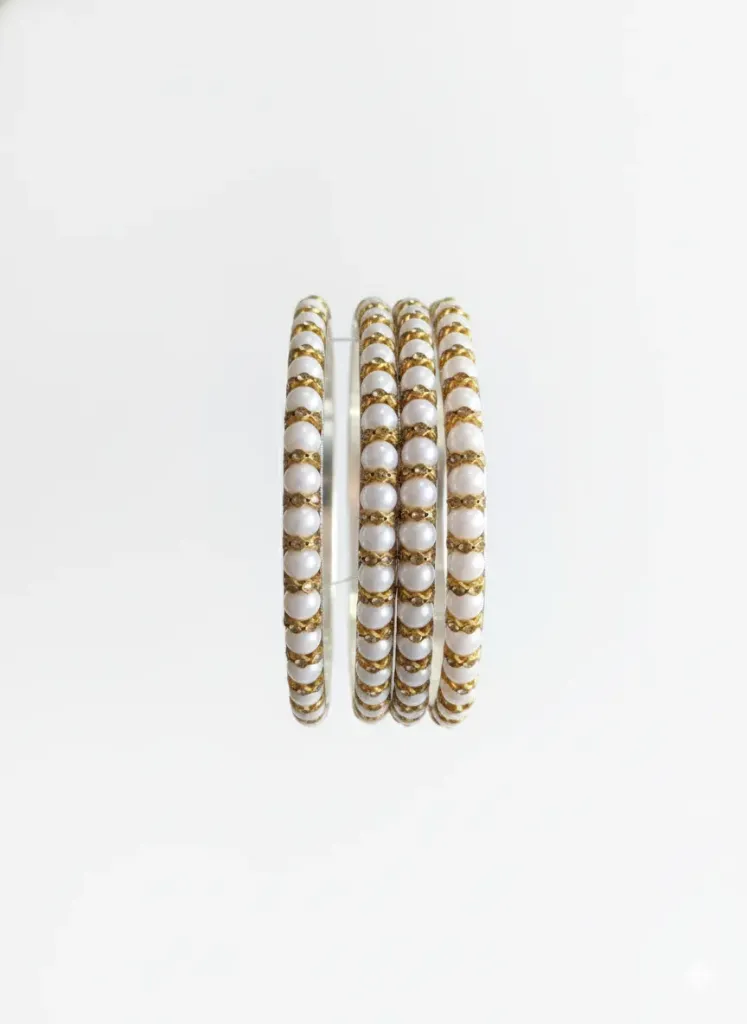 [B25]  Gold Plated Double Line White Pearl Bangles for Women & Girls, Wedding & Festive Wear (Set of 4) (2/8)