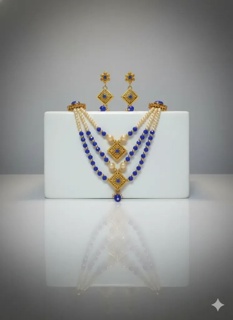 [N2]    Gold Plated Blue Beads & Pearl Multi Layer Necklace for Women & Girls, 