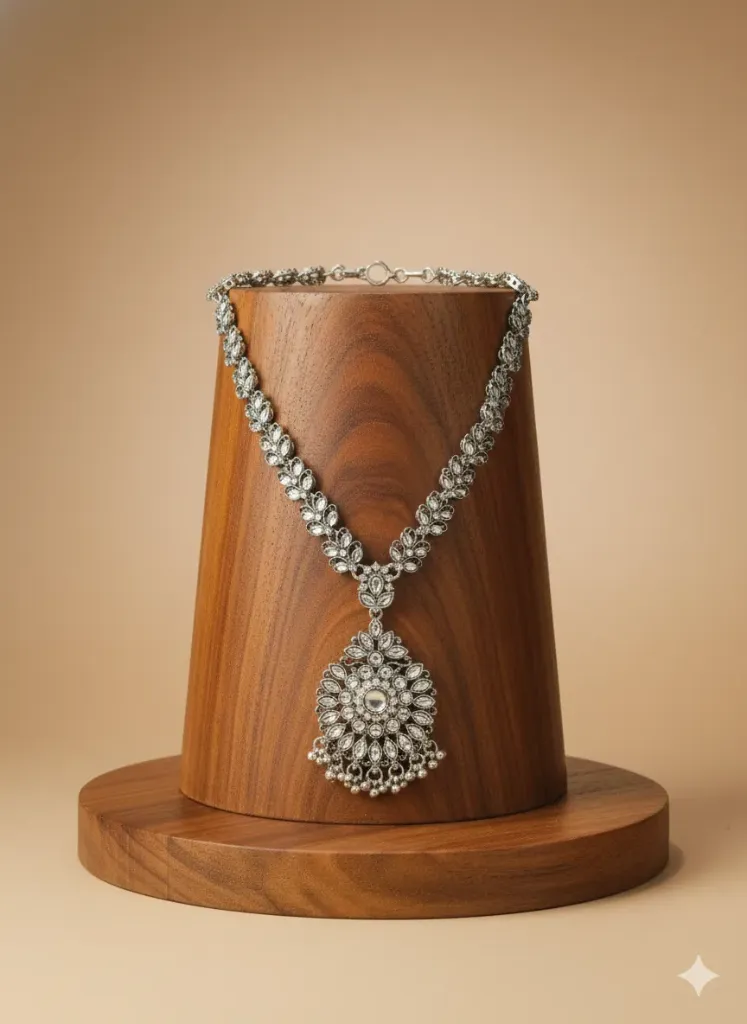 [N3]    Oxidised Silver Plated Traditional Necklace with Big Statement Pendant for Women & Girls, Party & Ethnic Wear Jewellery