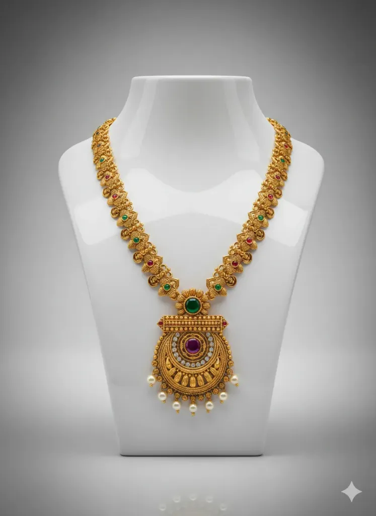 [N4]  Traditional Temple Gold Plated Necklace for Women with Kundan Stones & Big Pendant, Bridal & Festive Jeweler