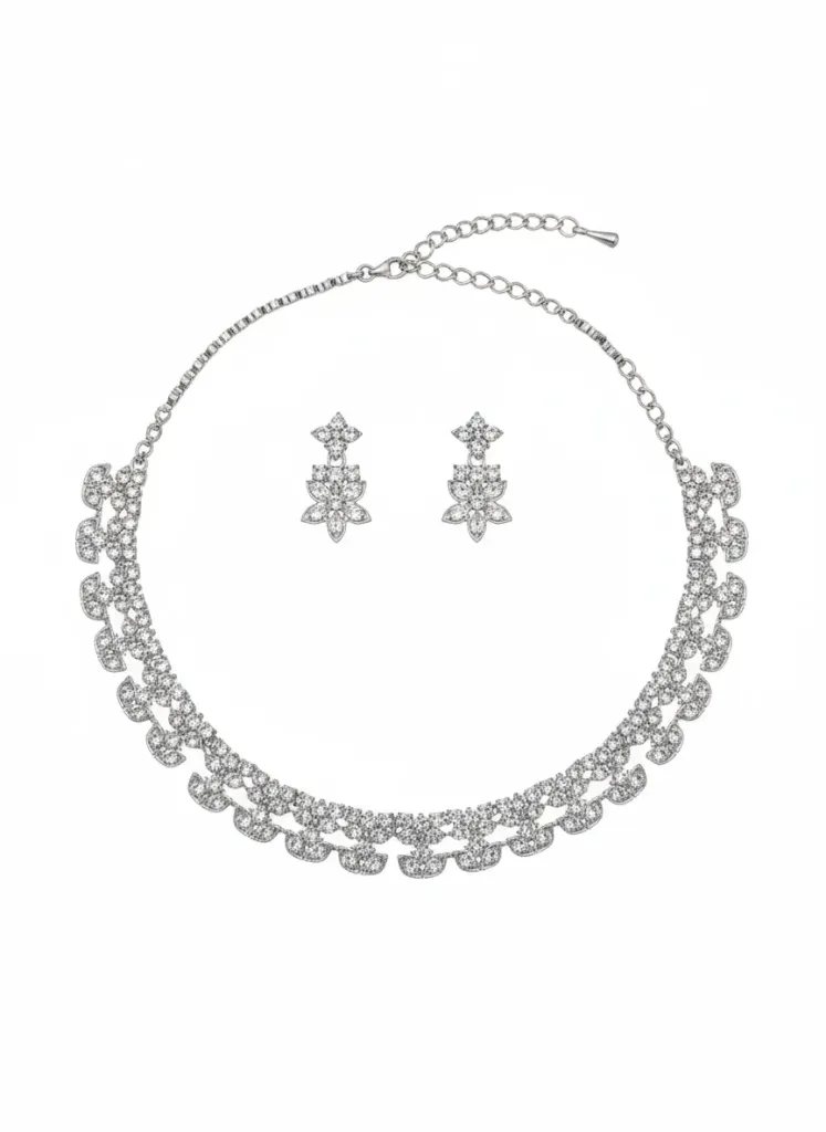 [N5] Silver Plated American Diamond Necklace Set for Women with Matching Earrings, Party & Bridal jewellery 