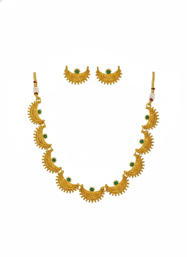 [N8] Temple Gold Plated Crescent Necklace Set for Women with Green Stone Detailing & Earrings, Traditional Jewellery
