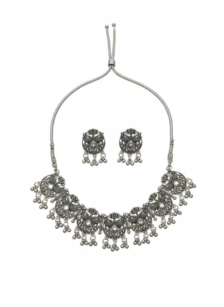 [N10] Oxidised Silver Plated Choker Necklace Set for Women with Heavy Motifs & Earrings, Boho Ethnic Jewellery