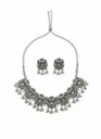 Oxidised Silver Plated Choker Necklace Set for Women with Heavy Motifs & Earrings, Boho Ethnic Jewellery