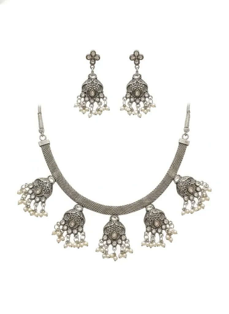 [N11] Oxidised Silver Plated Jhumka Style Choker Necklace Set for Women with Hanging Beads & Earrings, Ethnic Jewellery