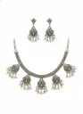 Oxidised Silver Plated Jhumka Style Choker Necklace Set for Women with Hanging Beads & Earrings, Ethnic Jewellery