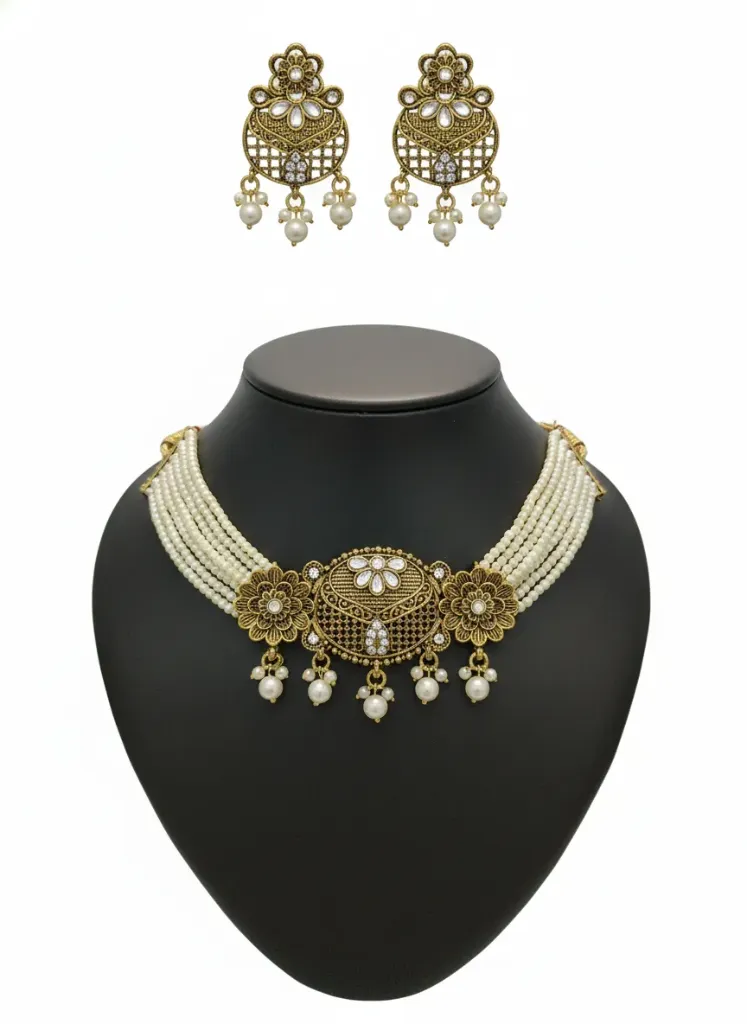 [N13] Antique Gold Plated Pearl Choker Necklace Set with Dangling Beads & Earrings for Women & Girls