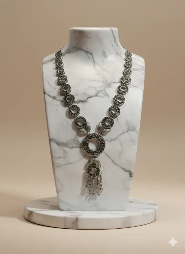 [N23] Oxidised Silver Plated Long Necklace for Women with Circular Motifs & Tassel Pendant, Ethnic & Fusion Jewellery