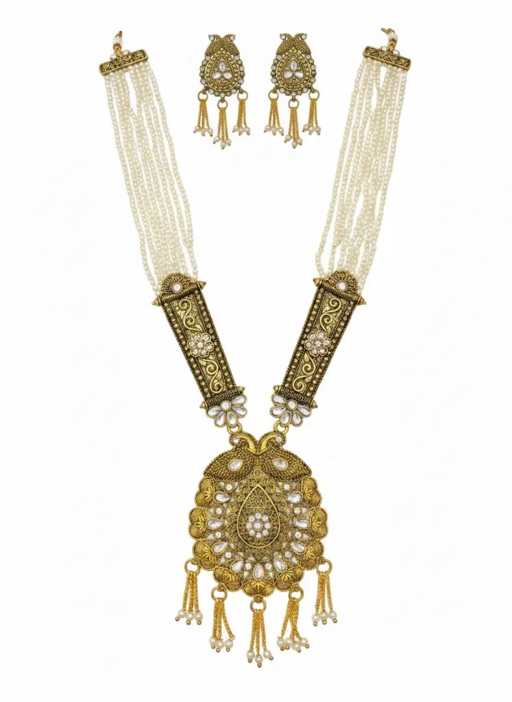 [N14] Antique Gold Plated Long Pearl Mala with Heavy Pendant & Pearl Tassels for Women & Girls