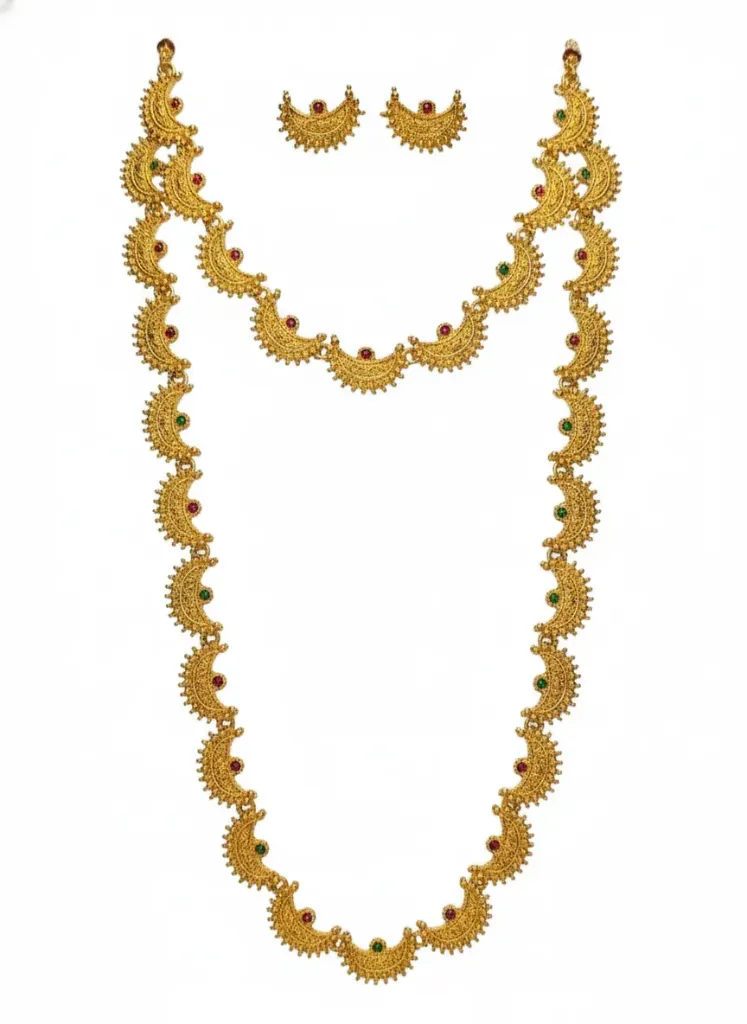 [N15] ATemple Gold Plated Long Mala & Short Necklace Set with Crescent Design & Earrings for Women & GirlsTemple Gold Plated Long Mala & Short Necklace Set with Crescent Design & Earrings for Women & Girls