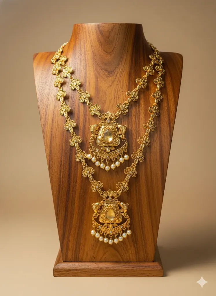 [N16] Antique Gold Plated Double Layer Necklace for Women with Floral Chain & Pearl Drops, Bridal & Festive Jewellery
