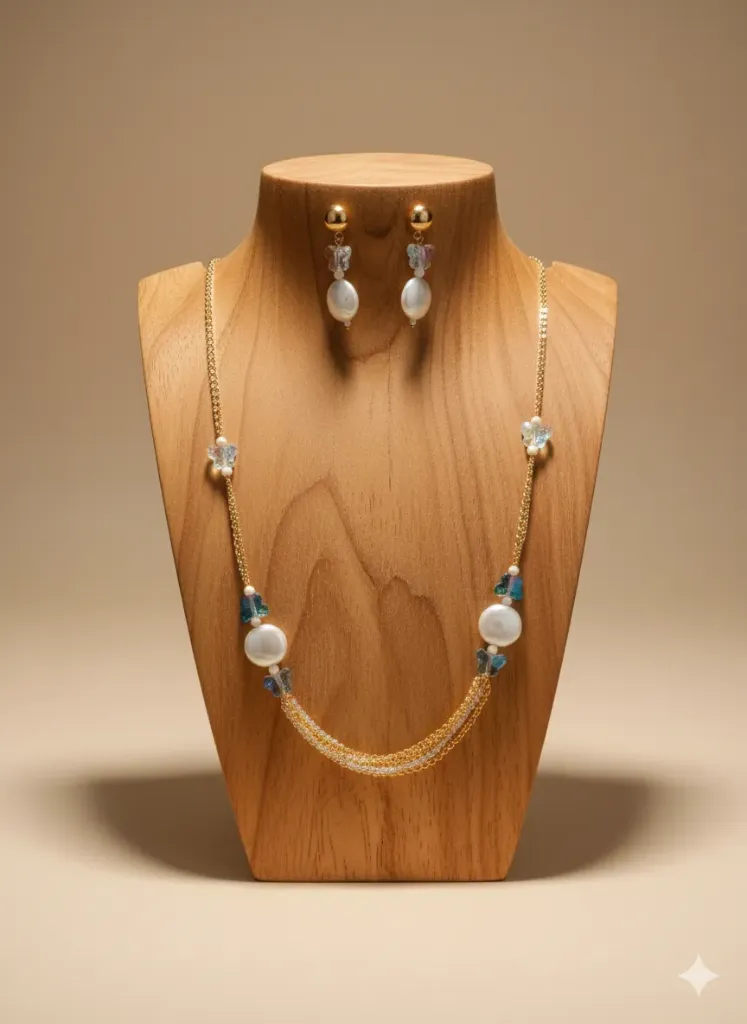[N17] Gold Plated Pearl & Stone Delicate Necklace Set for Women with Earrings, Daily & Office Wear Jewellery