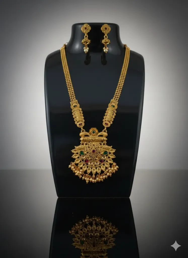 [N19] Antique Gold Plated Heavy Pendant Necklace Set with Earrings for Women & Girls, Bridal Temple Jewellery