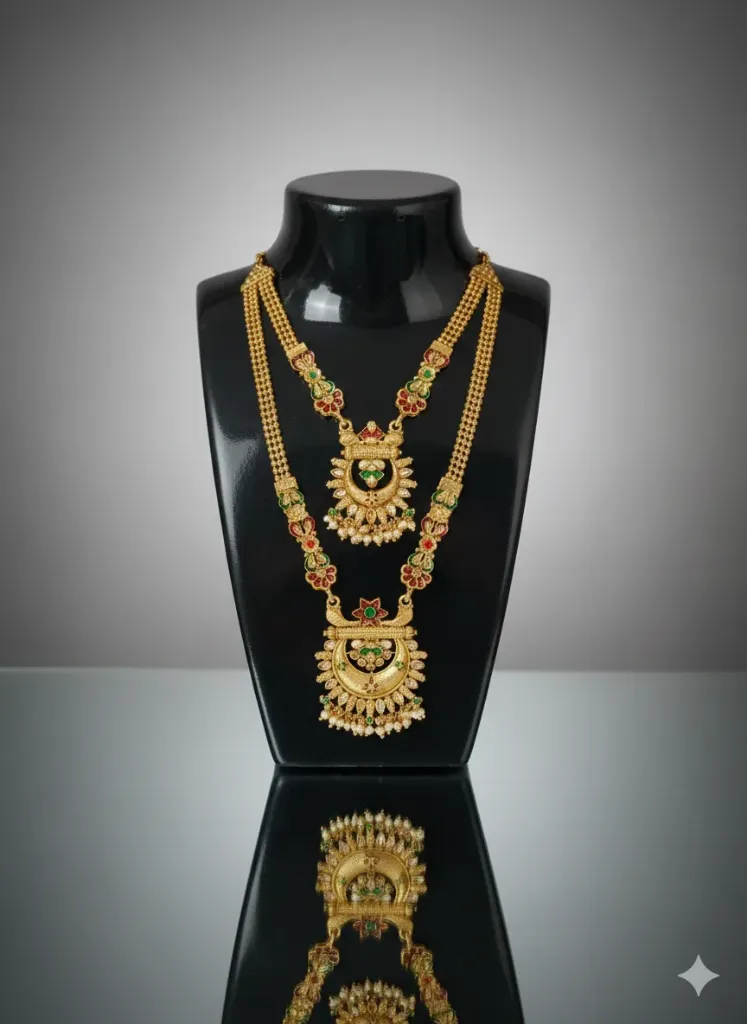 [N20] Temple Gold Plated Double Layer Long & Short Necklace with Red Green Stones for Women & Girls