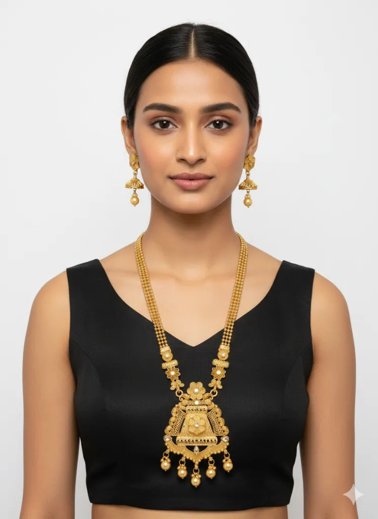 [N21] Antique Gold Plated Double Layer Necklace for Women with Pearl Drops, Bridal & Festive Temple