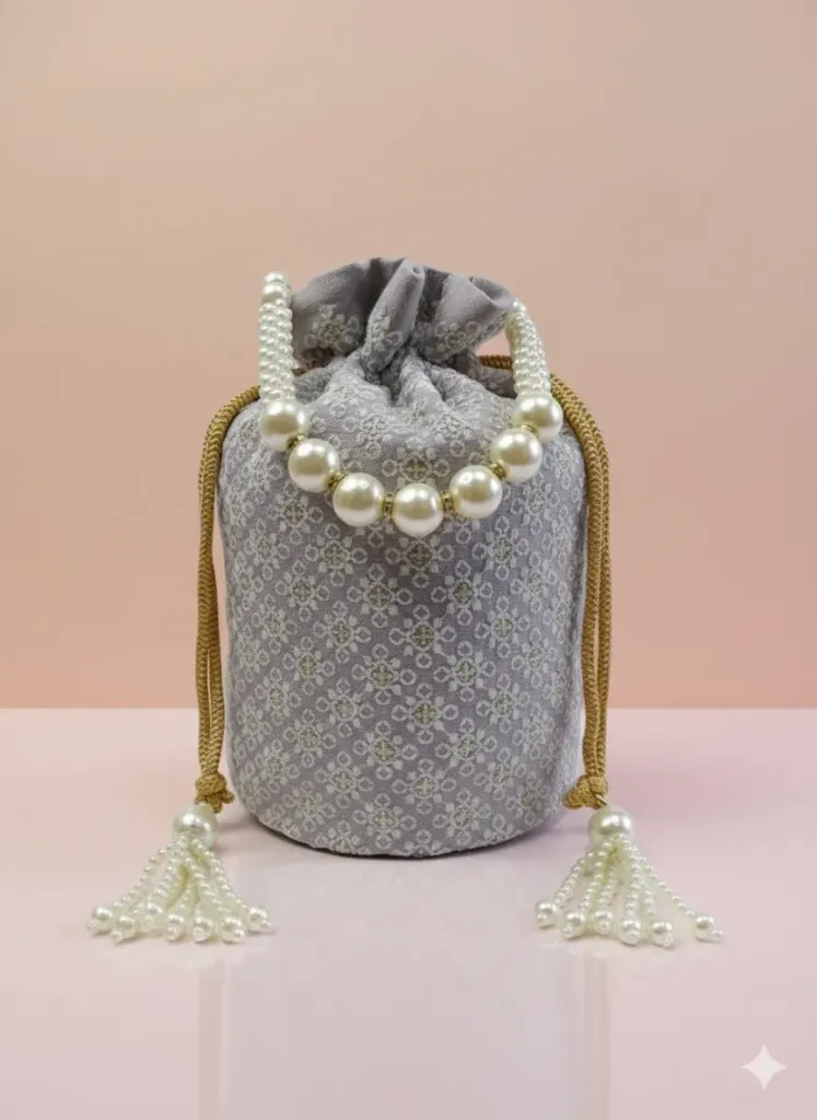 [P1] Grey Silk Potli Bag with Pearl Handle & Tassel Latkan for Women.