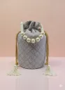 Grey Silk Potli Bag with Pearl Handle & Tassel Latkan for Women.
