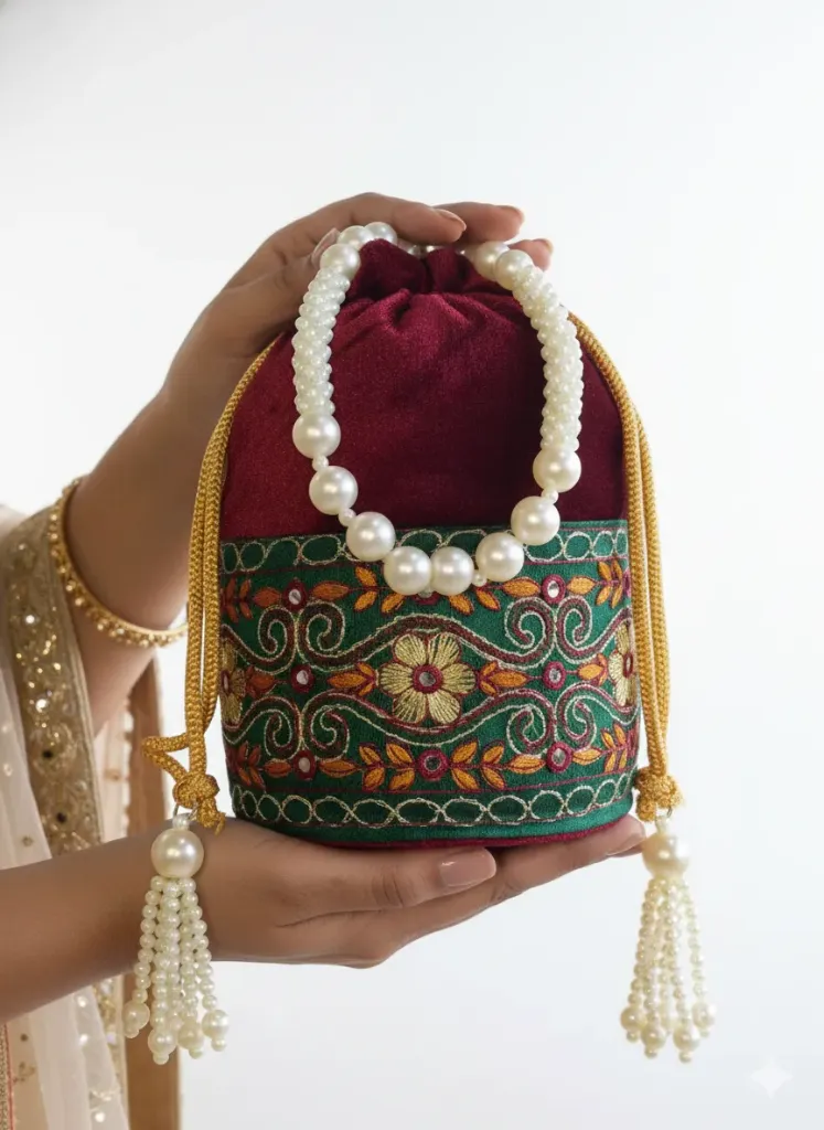 [P3] Maroon Velvet Handwork Pearl Ethnic Potli Bag with Green Embroider