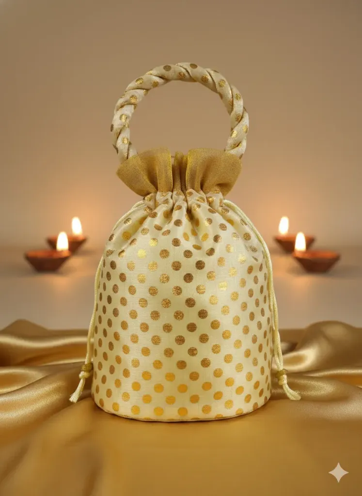 [p4] Golden Polka Dot Potli Bag with Stylish Handle for Women