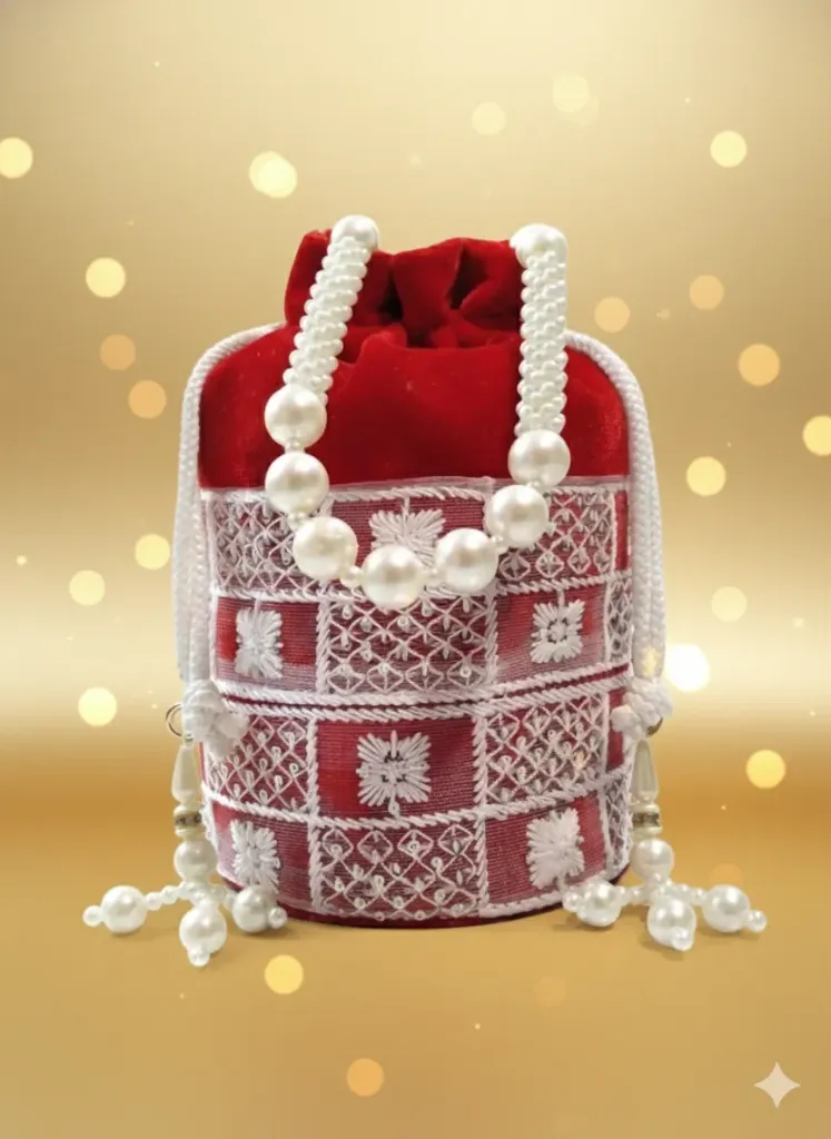 [P4]  Red Velvet Embroidered Potli Bag with Pearl Handle & Tassel Latkan.