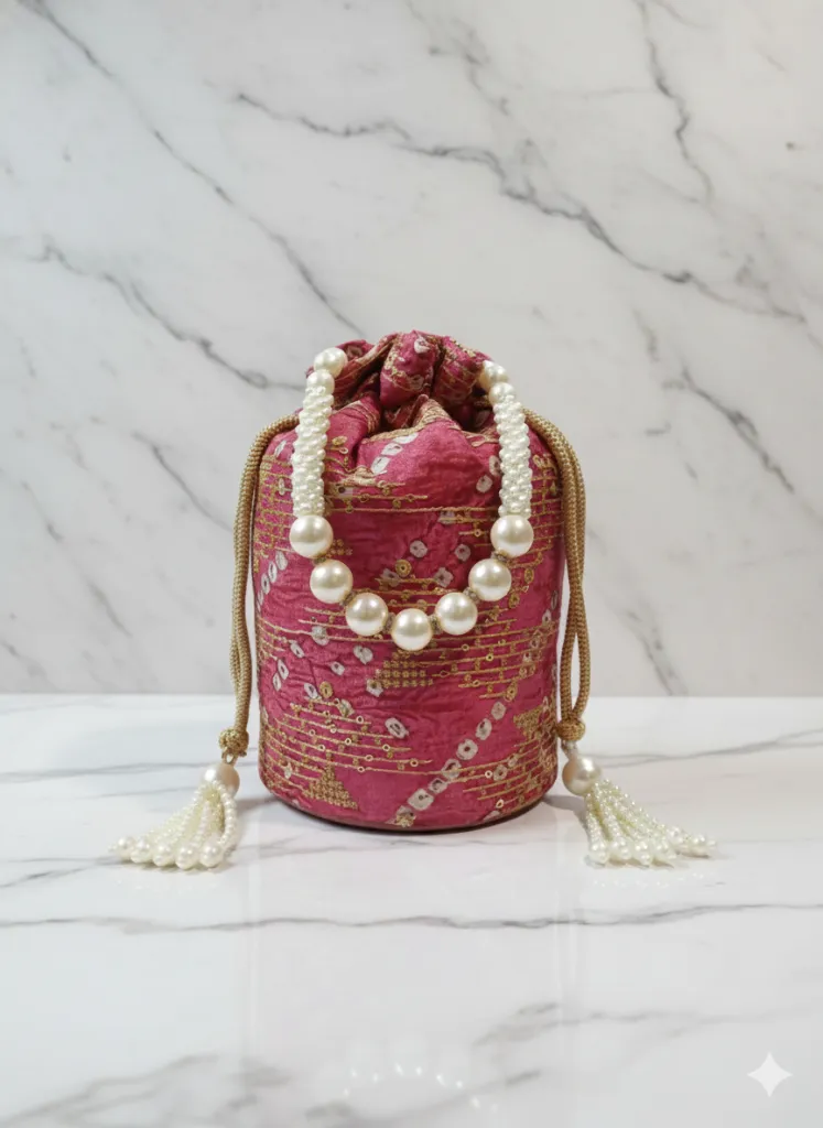 [P5]   Pink Silk Ethnic Potli Bag with Pearl Handle & Tassel Latkan.