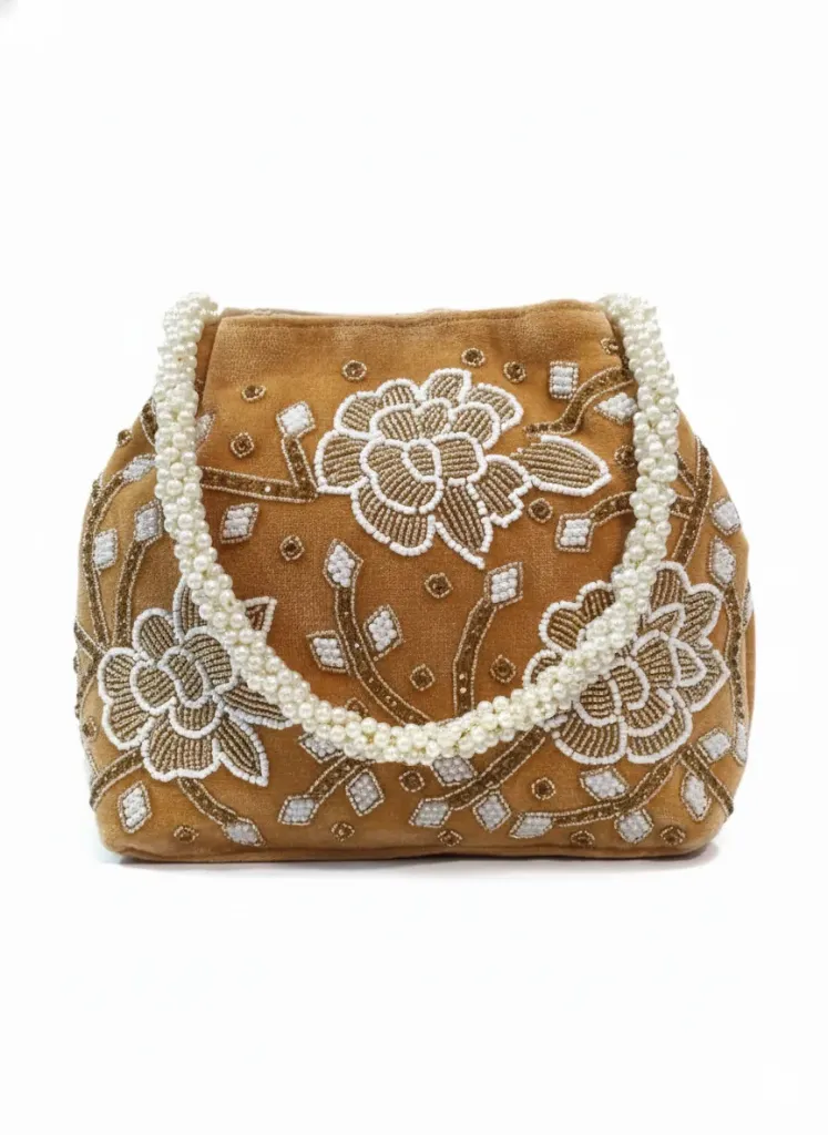 [P8] Golden Velvet Floral Embroidered Clutch with Pearl Handle for Women & Girls, Wedding & Party Handbag