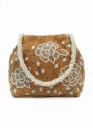 Golden Velvet Floral Embroidered Clutch with Pearl Handle for Women & Girls, Wedding & Party Handbag