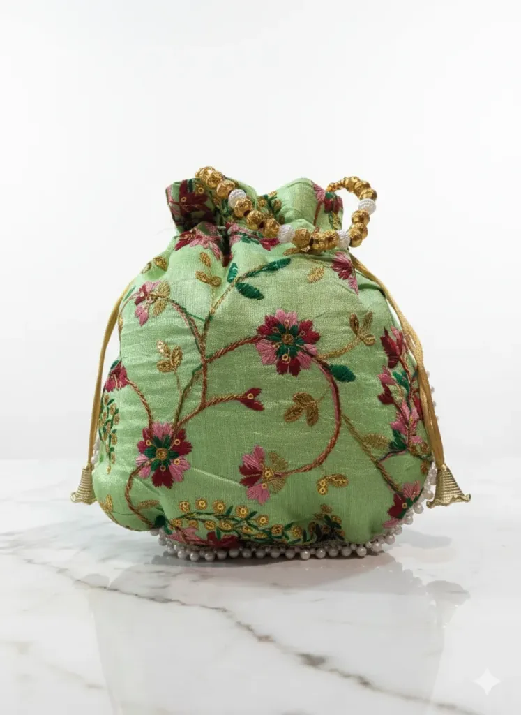 [P10] Green Embroidered Beaded Handle Potli Bag for Women & Girls, Bridal Wedding & Festive Wear 