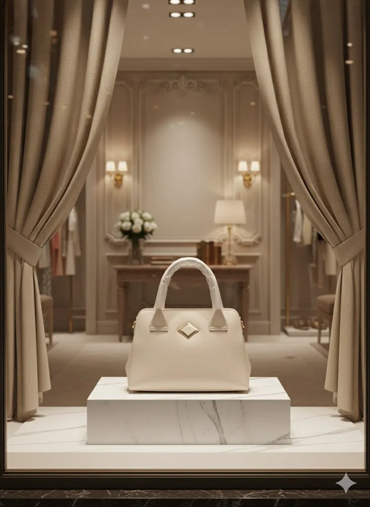 [N42] Cream Structured PU Handbag for Women with Gold Logo, Office & Casual Shoulder Bag.