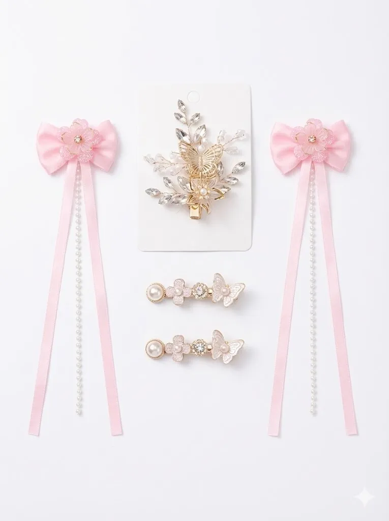 Floral Hair Accessory Set for Girls & Women – Lavender Bow Clips, Pearl Rose Barrettes & White Flower Brooch (Set of 5)