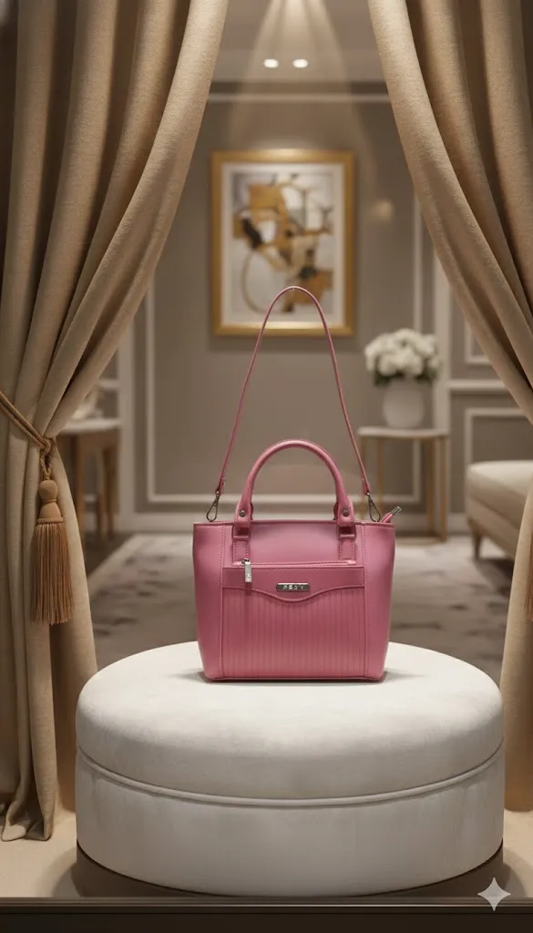 [H48] Women's Wine Pink PU Structured Handbag with Detachable Sling Strap & Front Zip Pocket