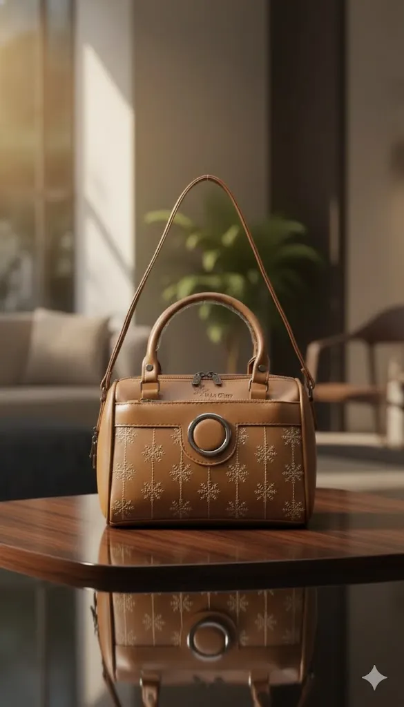 Women's Tan Brown Printed Barrel Handbag with Round Metal Detail & Detachable Sling Strap