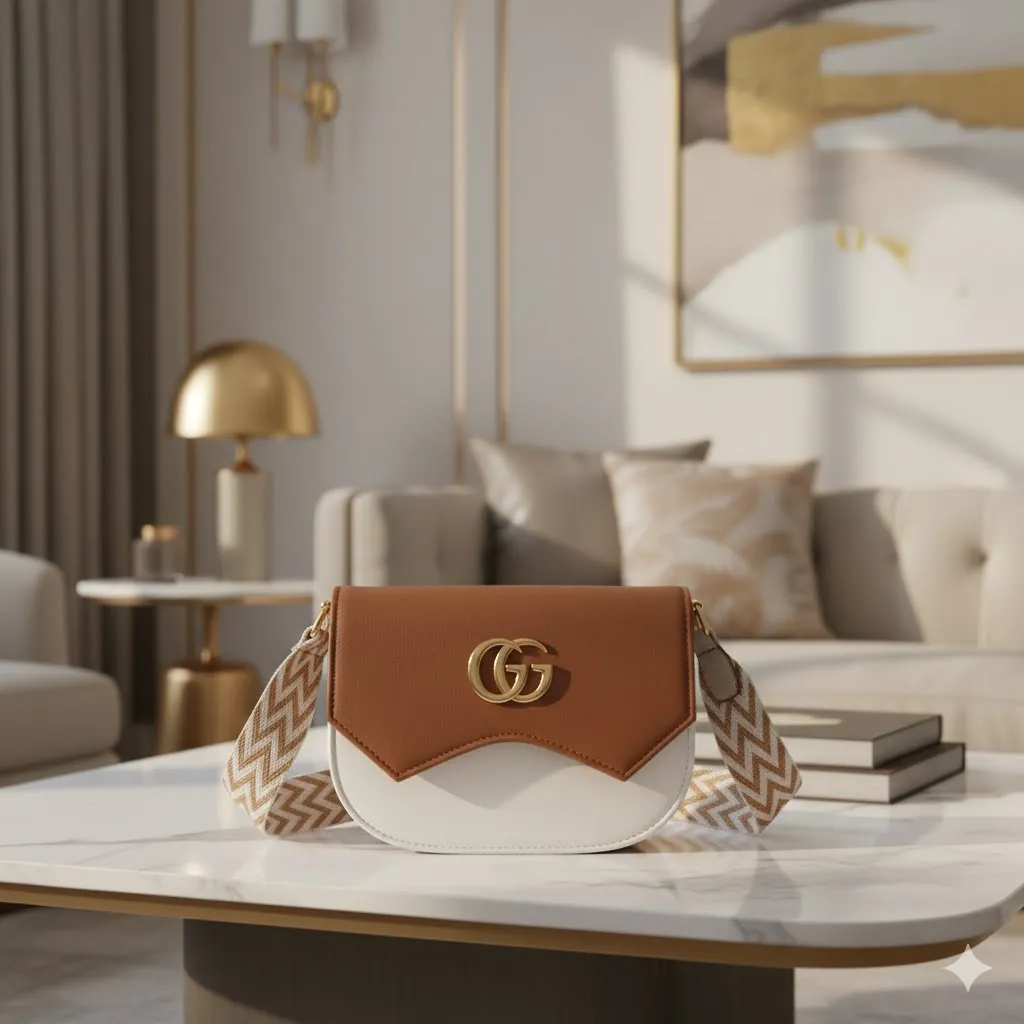 [H62] Women's Brown & White PU Sling Bag with Double GG Logo & Zigzag Strap