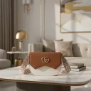 Women's Brown & White PU Sling Bag with Double GG Logo & Zigzag Strap
