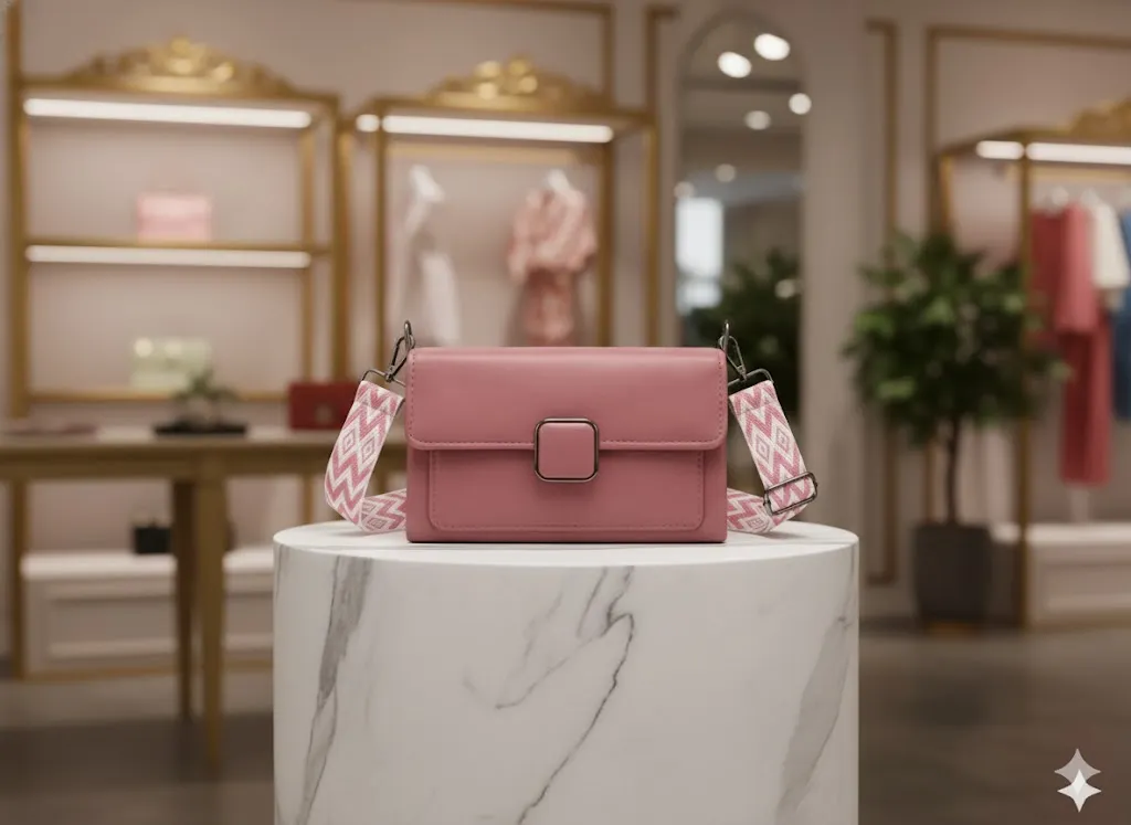 [H66] Women's Dusty Pink PU Sling Bag with Square Buckle Closure & Zigzag Pattern Strap (pink)
