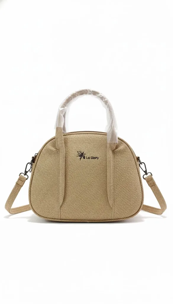 [H69] Women's  La Glory Textured Handbag with Fur Pom‑Pom & Sling Strap (Beige)