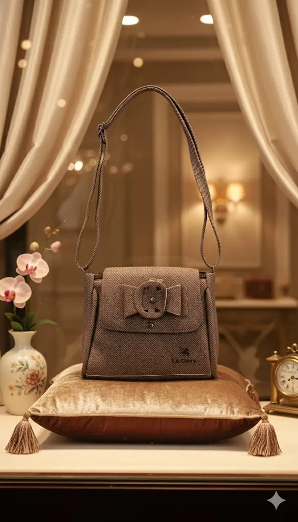 [H73] Women's Brown La Glory Textured Sling Bag with Bow Belt Flap