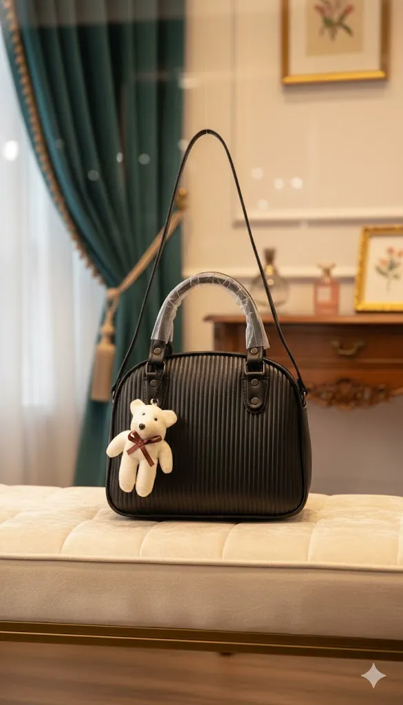[H75] Women's Black Textured Handbag with Teddy Keychain & Detachable Sling Strap